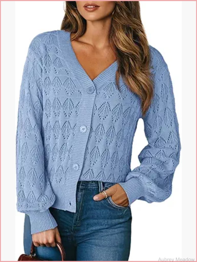 Crochet Knit V-Neck Long Puff Sleeve Open Front Cardigan